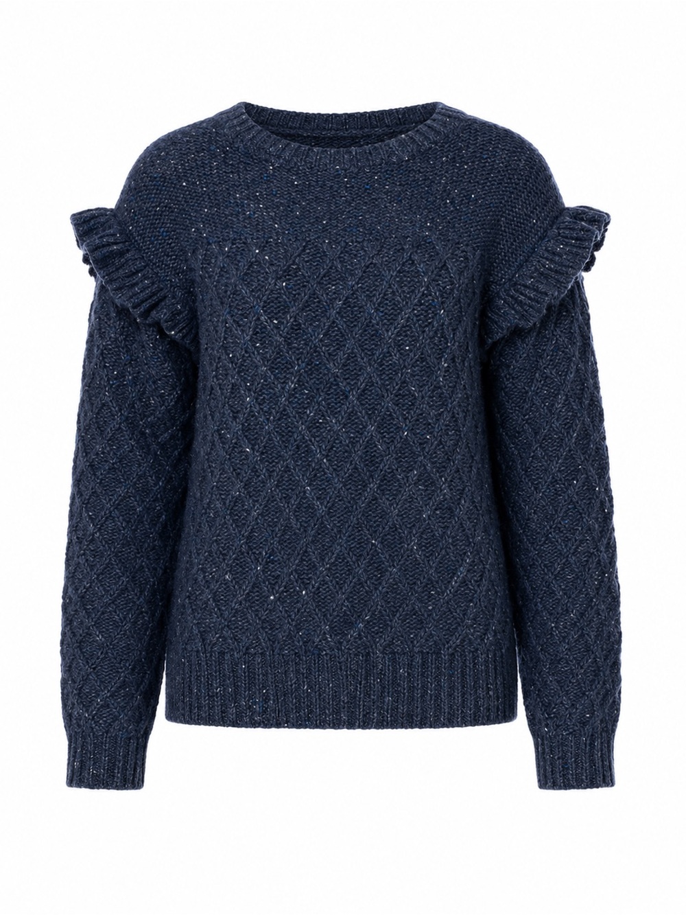 Textured Navy Ruffle-Shoulder Crewneck Sweater